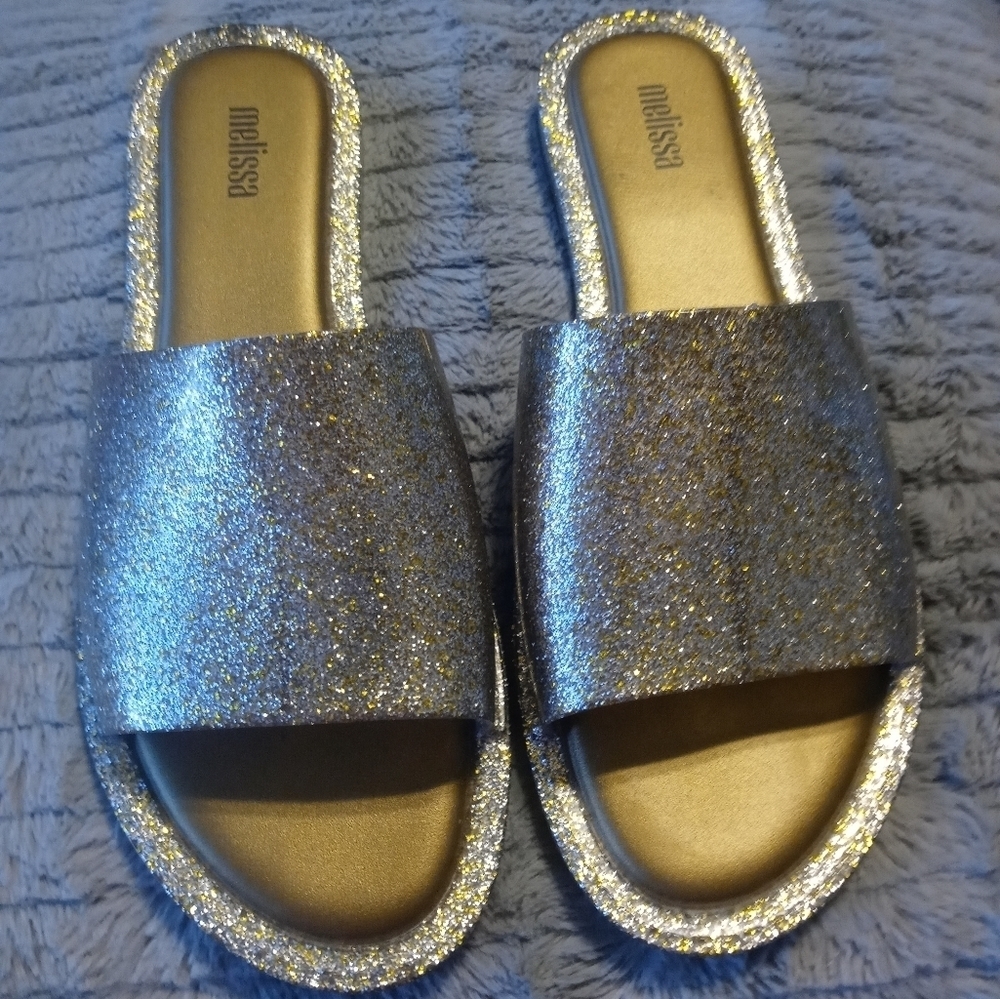 Melissa Gold Shimmer Jelly "BLING" Soul Slides Cushioned Insole WOMEN'S 8